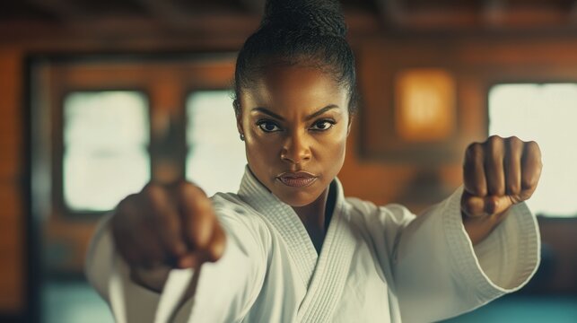 Intense martial artist practices techniques in a traditional dojo setting during afternoon training session