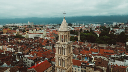 Aerial view Split Croatia. Historic city center with old architecture, cathedral bell tower, central square and pedestrian streets.
