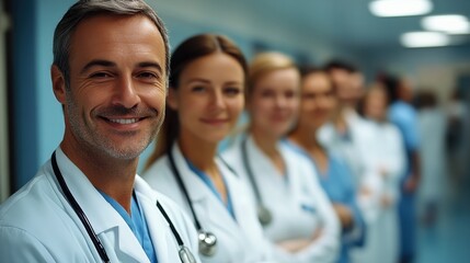 Fototapeta premium Group of healthcare professionals smiling in a hospital corridor during a collaborative event in the early morning