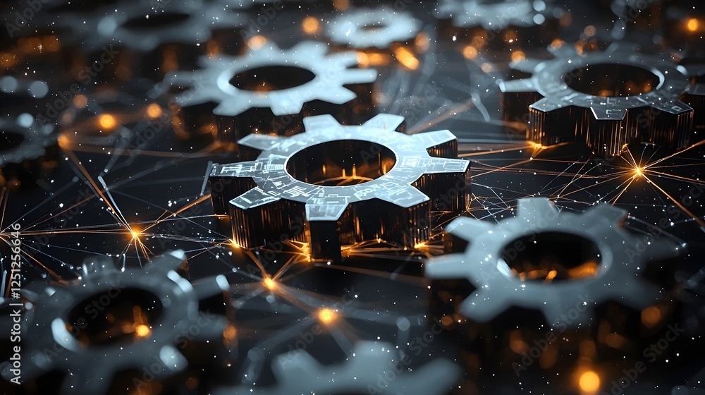 Poster interconnected gears and light trails create a visually captivating background illustrating the comp
