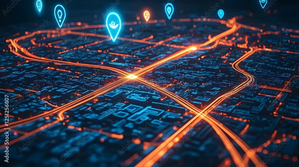 Poster glowing digital map visualization with futuristic floating location icons representing transportatio