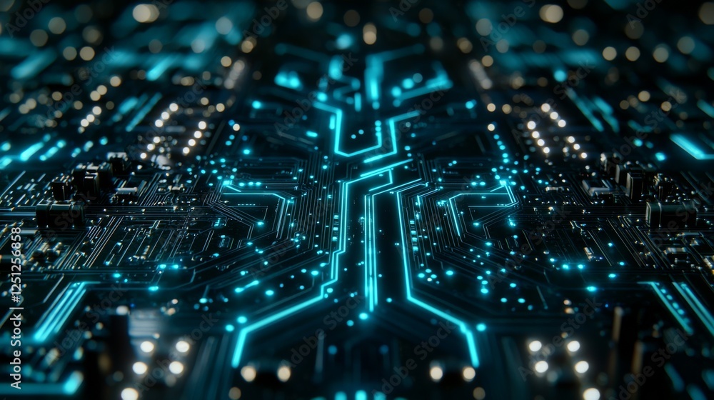 Poster a close-up view of a futuristic circuit board illuminated with blue light, featuring intricate pathw