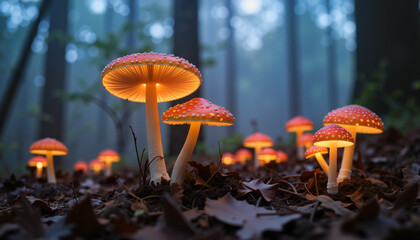 Fototapeta premium Glowing mushrooms illuminating foggy forest floor, nature's enchantment