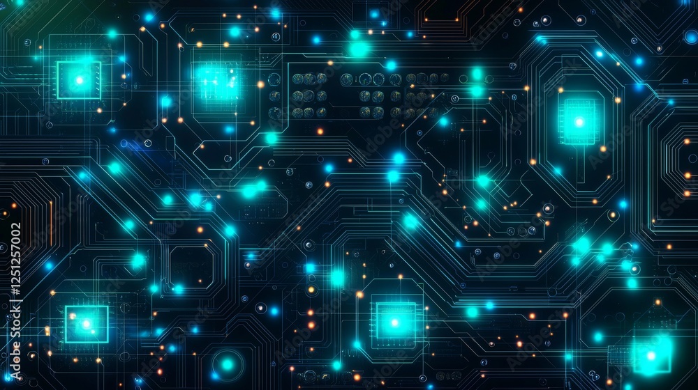 Poster a vibrant representation of a circuit board featuring glowing blue components and intricate pathways