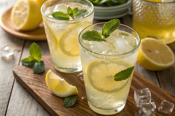 Chilled homemade lemonade with lemon slices, mint leaves, and ice cubes in glasses, served on a wooden table