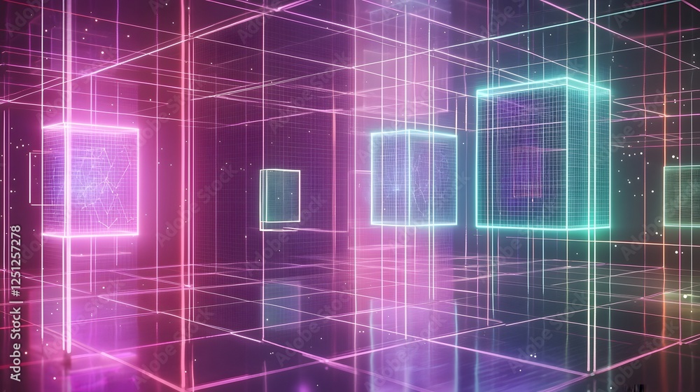 Poster conceptual digital grid with floating 3d holograms representing the innovative and futuristic techno