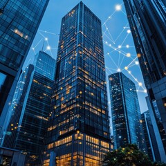 Obraz premium Skyscraper, night, city, network, connections, business, finance, technology, global, communication