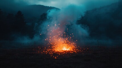 Fototapeta premium Nighttime Field Fire Sparks and Smoke