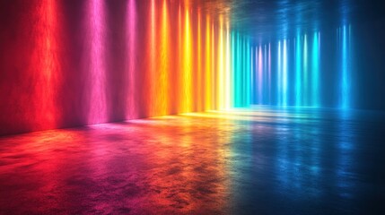 Colorful neon lights illuminate concrete room; background haze; music event backdrop