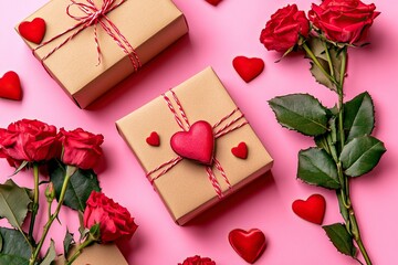Valentine's Day background with gift boxes and flowers on a pink-colored table, flat lay top view, with copy space for text. Valentine's Day concept. Stock photo with 2/3 space for a banner title.