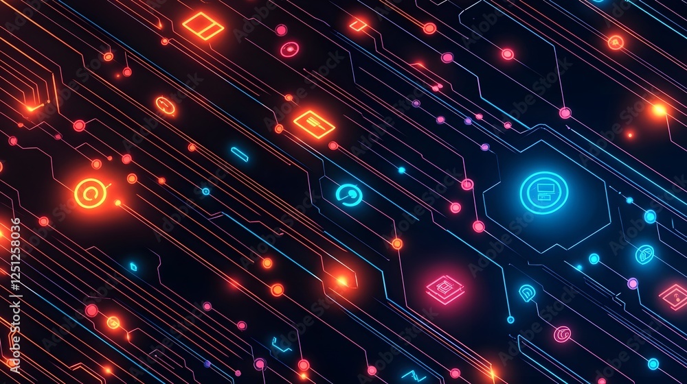 Poster glowing circuit board pattern with floating technology icons in futuristic digital backdrop vibrant 