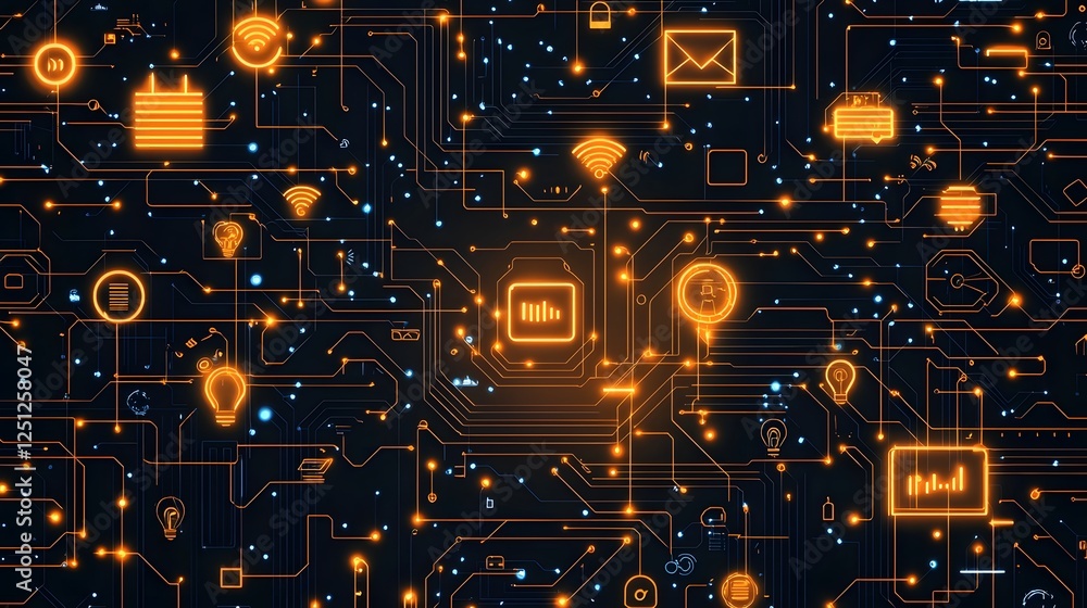 Poster glowing circuit board pattern with floating technology icons abstract digital background representin