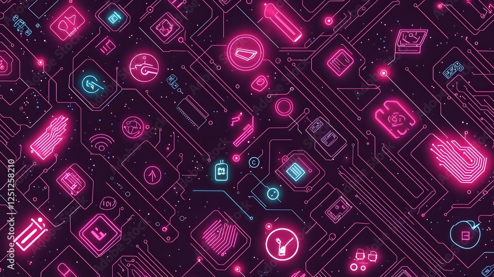 Poster futuristic and vibrant digital art depicting a circuit board pattern with glowing neon lines and pul