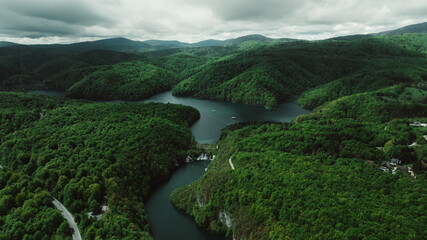 Plitvice lakes National Park Croatia, Europe, aerial view of waterfall and vibrant colored lakes