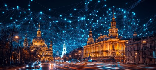 Obraz premium Night Cityscape Of Kyiv. Panoramic View Of Maidan Nezalezhnosti With Network Connection, Ukraine