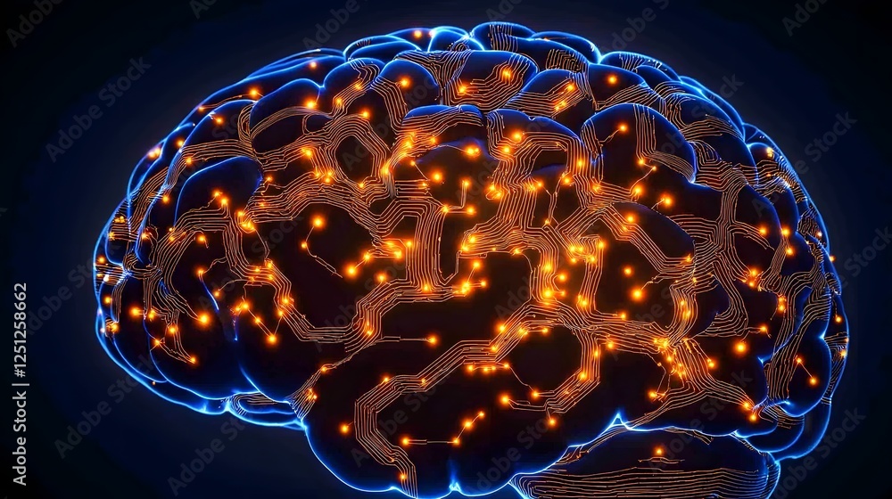 Poster closeup view of a futuristic glowing intelligence brain with intricate luminous circuits and digital