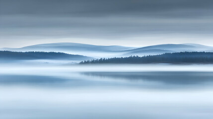 Fototapeta premium Serene misty lake landscape with rolling hills and a tranquil forest shrouded in fog. Perfect for meditation, calm, nature and peaceful themes.