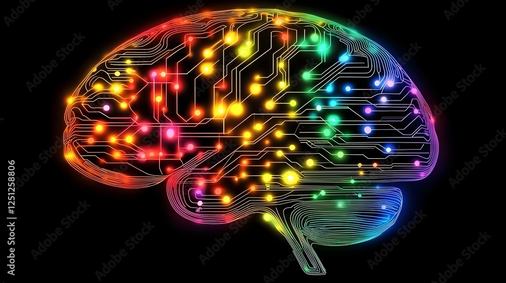 Poster futuristic brain made of glowing digital circuits and neon patterns conceptual image of an advanced 
