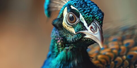 Close up vibrant portrait of a beautiful blue peacock with colorful feathers blur background © Eyepain