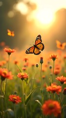Monarch Butterfly in Sunset Flower Field