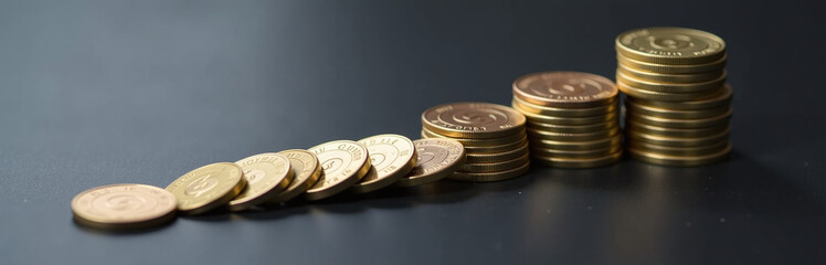 Coins Are Lined Up Neatly On A Black Table, Conveying A Sense Of Order And Simplicity In Financial Dealings. 00001