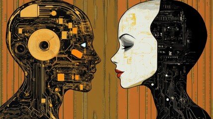 Digital Dualities: A futuristic depiction of two AI entities facing each other, revealing intricate circuit boards within their forms, against a warm-toned background.