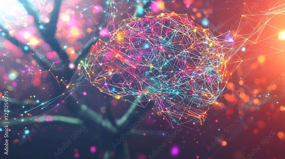 Poster vibrant 3d rendered intelligence brain with intricate interconnected neural network of colorful line
