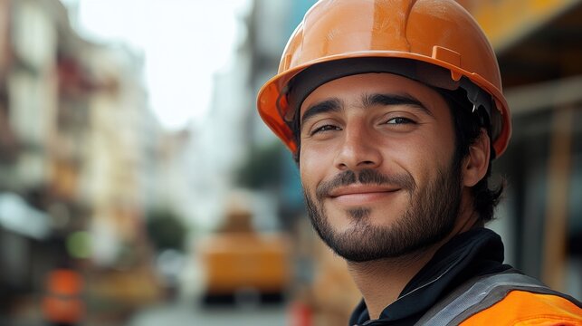 Construction worker smiles confidently while wearing hard hat on urban site during daybreak hours