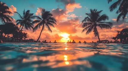Tropical sunset beach, swimmers silhouettes, ocean, palm trees, vacation