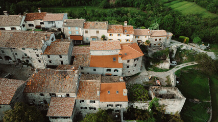 Aerial view of Hum, one of the smallest town in the world on hilltop, Croatia.