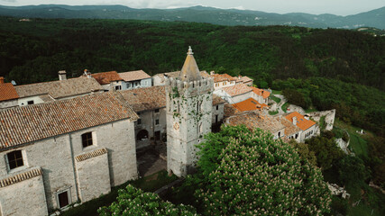Aerial view of Hum, one of the smallest town in the world on hilltop, Croatia.