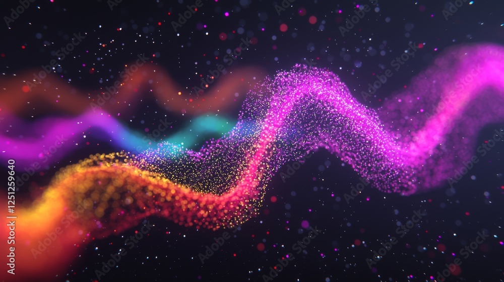 Poster a vibrant, colorful wave of particles dances against a dark background, creating a mesmerizing visua