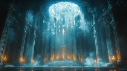 Light streams into ancient ruins, revealing a majestic vaulted chamber