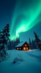 Northern Lights Cabin Winter Wonderland Snowy Landscape
