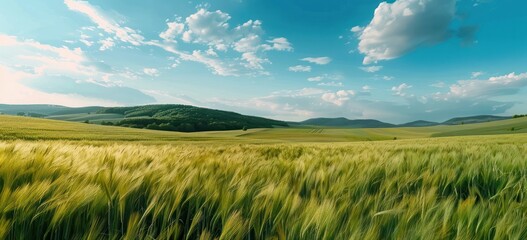 spring natural panorama of a field of young green wheat on the hills against a blue sky with clouds green blue