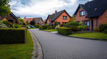 Serene suburban street lined with charming houses and manicured hedges under a cloudy sky