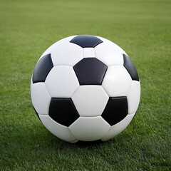 Fototapeta premium A black and white soccer ball on green grass field