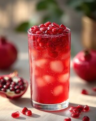 Refreshing pomegranate drink served in a glass with ice and garnished with fresh pomegranate seeds in a bright setting