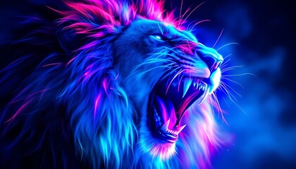 Neon Lion Roar: A vibrant digital artwork of a majestic lion with a glowing mane, roaring intensely against a dark background.