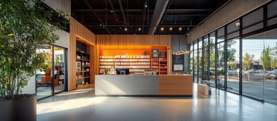 Modern dispensary reception, city view, sunlit floor