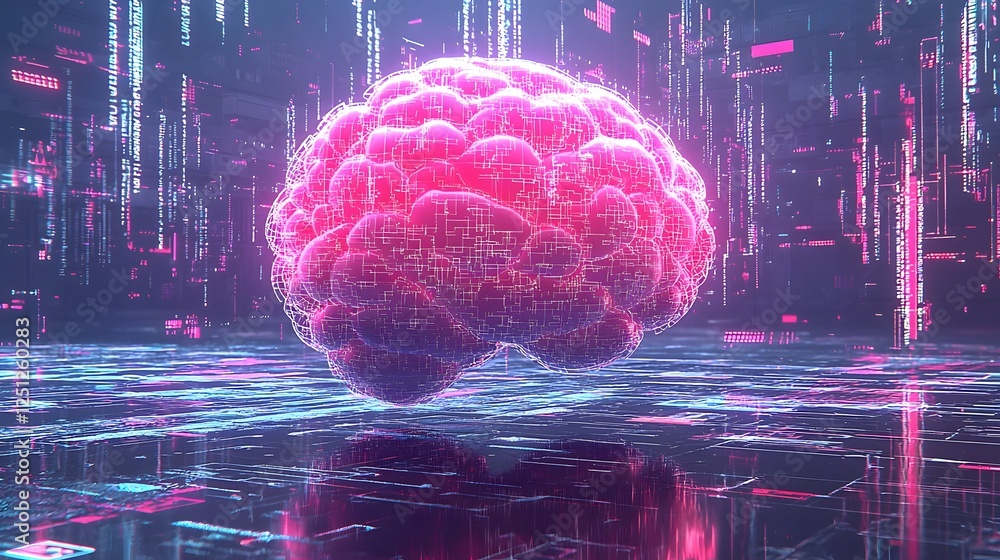 Poster glowing intelligence brain floating in a surreal futuristic digital environment filled with data str