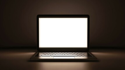 Blank laptop screen in dark setting.