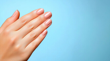 close up of well manicured hand with natural nails against blue background