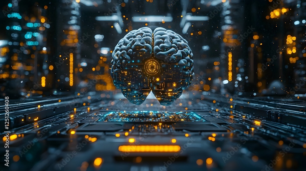 Poster conceptual design of an brain merging with a digital interface creating a futuristic landscape of te
