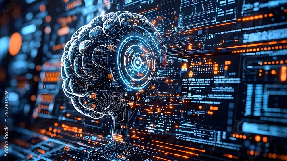 Poster conceptual showcasing the merging of an advanced brain with a futuristic digital interface represent