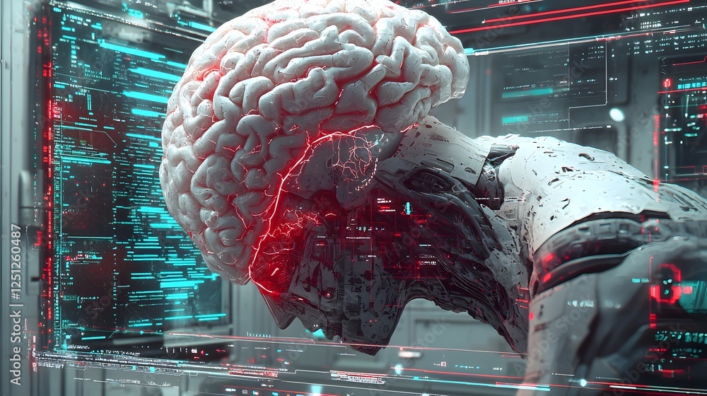 Poster conceptual depicting an brain merging and integrating seamlessly with a complex digital interface re
