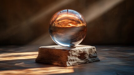 Obraz premium Glass sphere sunset reflection, wooden base, studio