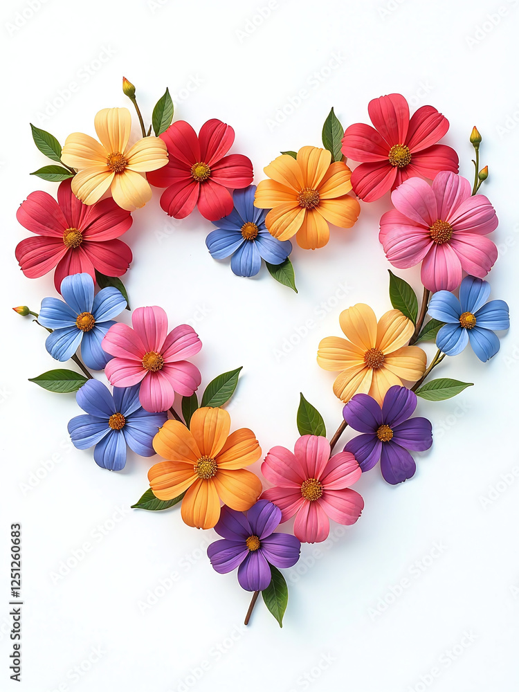 Poster Colorful Soft Flowers In The Shape Of A Heart On A White Background Created Using E Art Techniques Represent Love Symbol. 00002