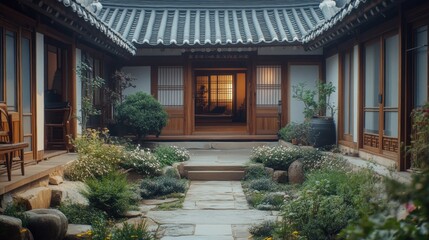 Fototapeta premium Korean house courtyard garden path evening tranquility