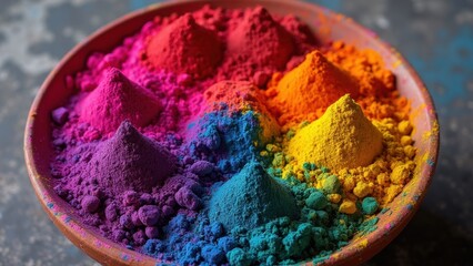 Colorful Holi Gulal Powders Arranged in a Bowl for Vibrant Celebrations During the Festival of Colors in Springtime Indian Traditions